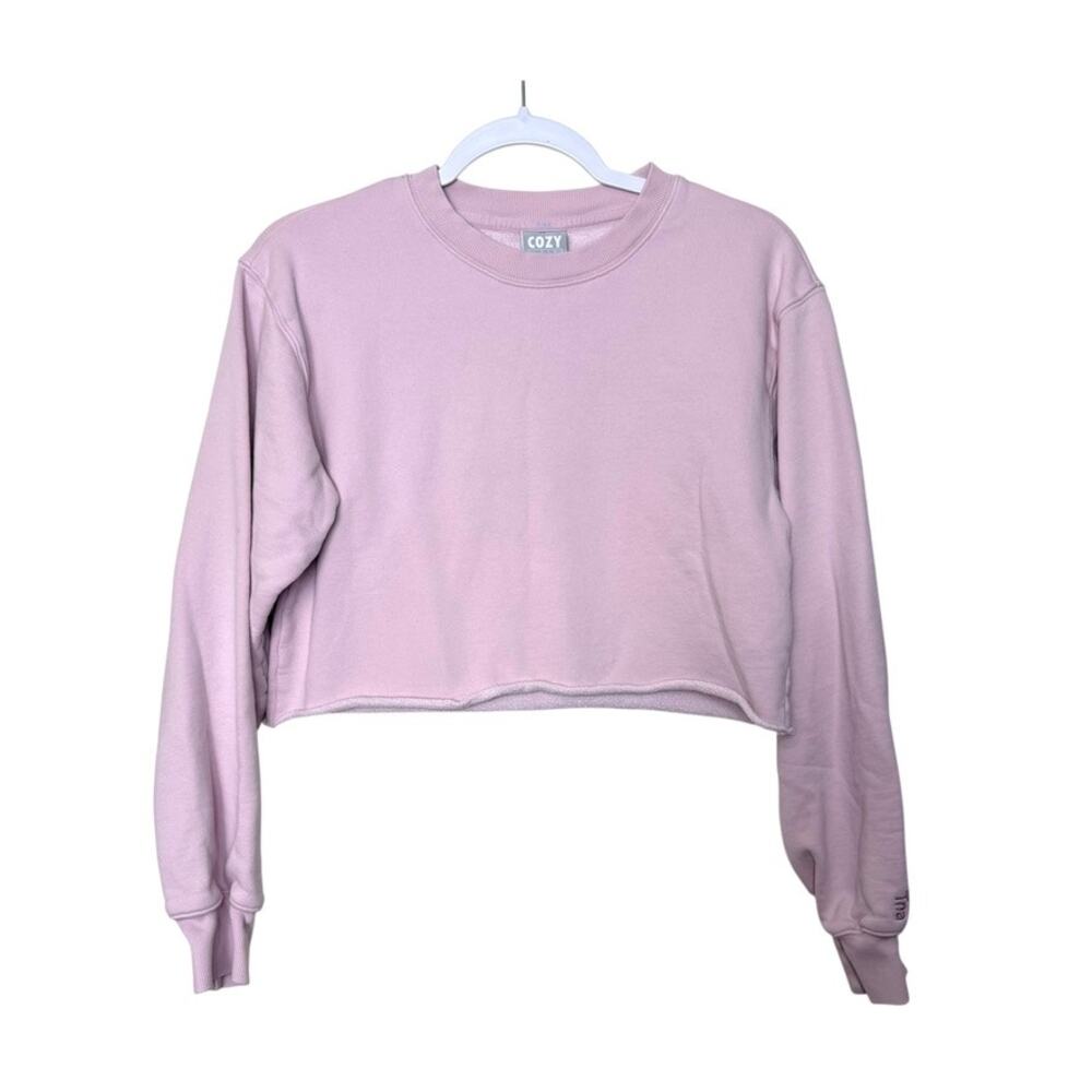 Aritzia TNA Cozy Perfect Fleece Crewneck Sweatshirt Raw Hem Pink Women XS‎